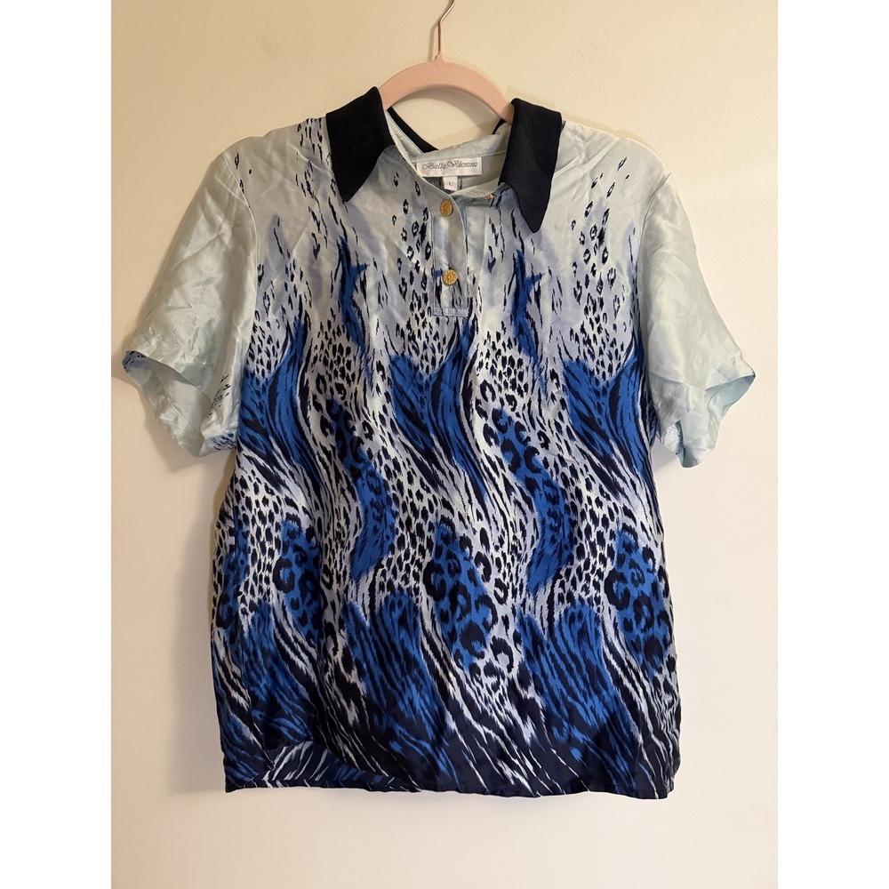 Vintage Balla Valentina 100% Silk Short Sleeve Blouse Blue Animal Print Size L